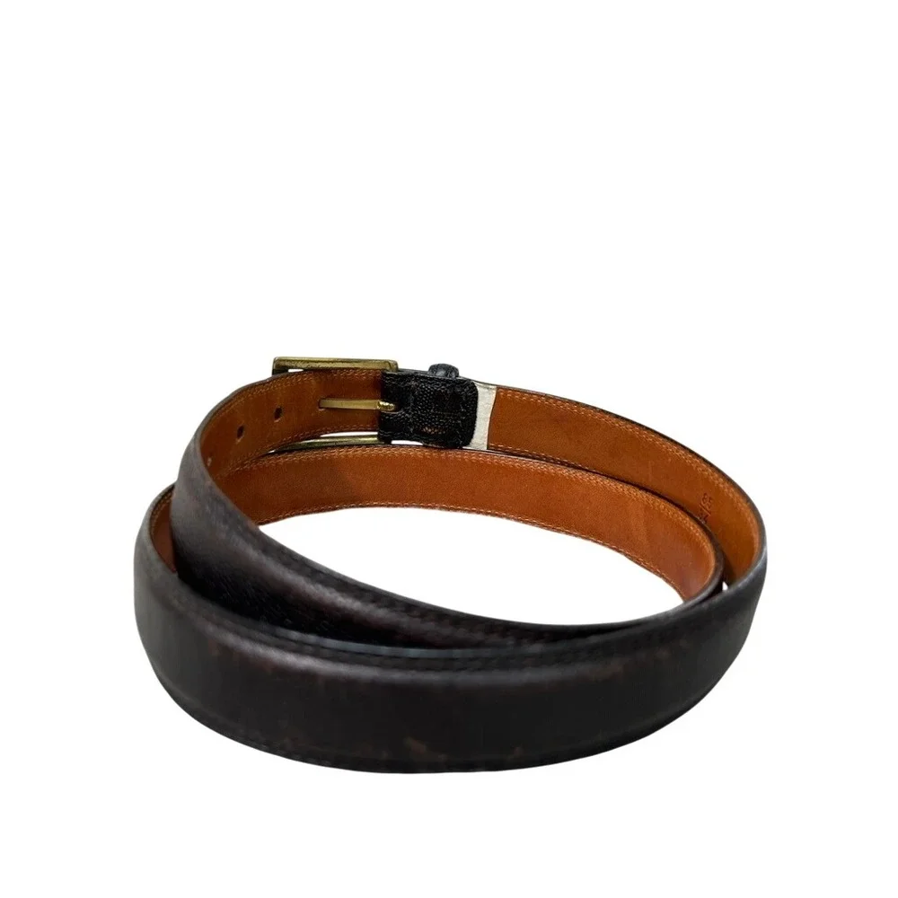 Mens Dark Brown Pebble Grain Calfskin Leather Belt Gold Buckle USA Made 34 11751